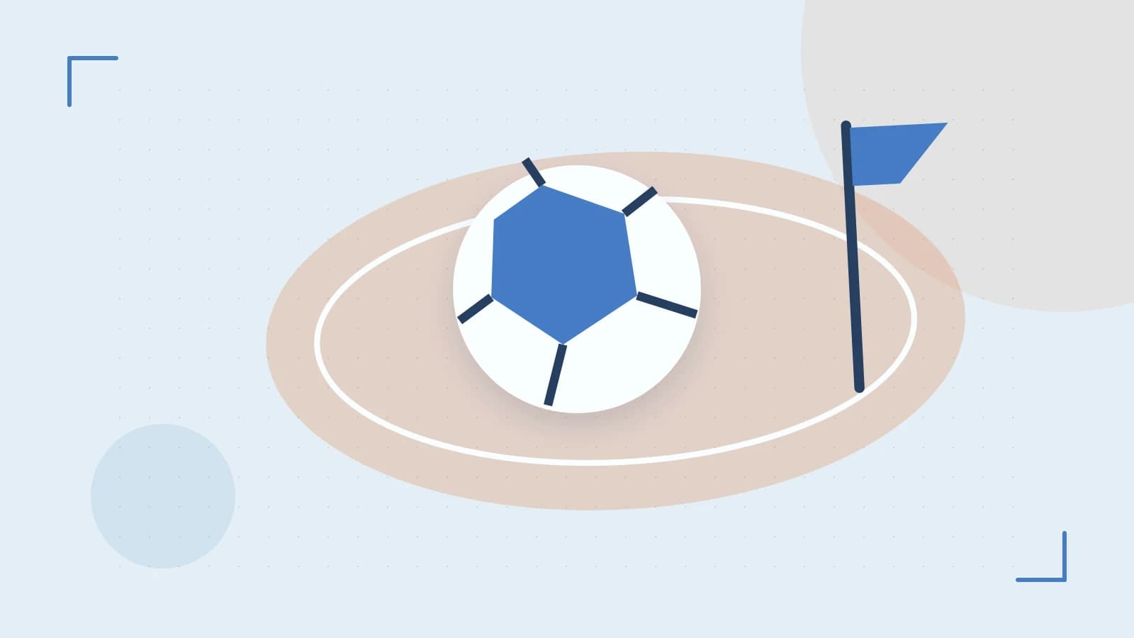 Editorial illustration of a stylized sports ball, stadium geometry and dynamic arcs