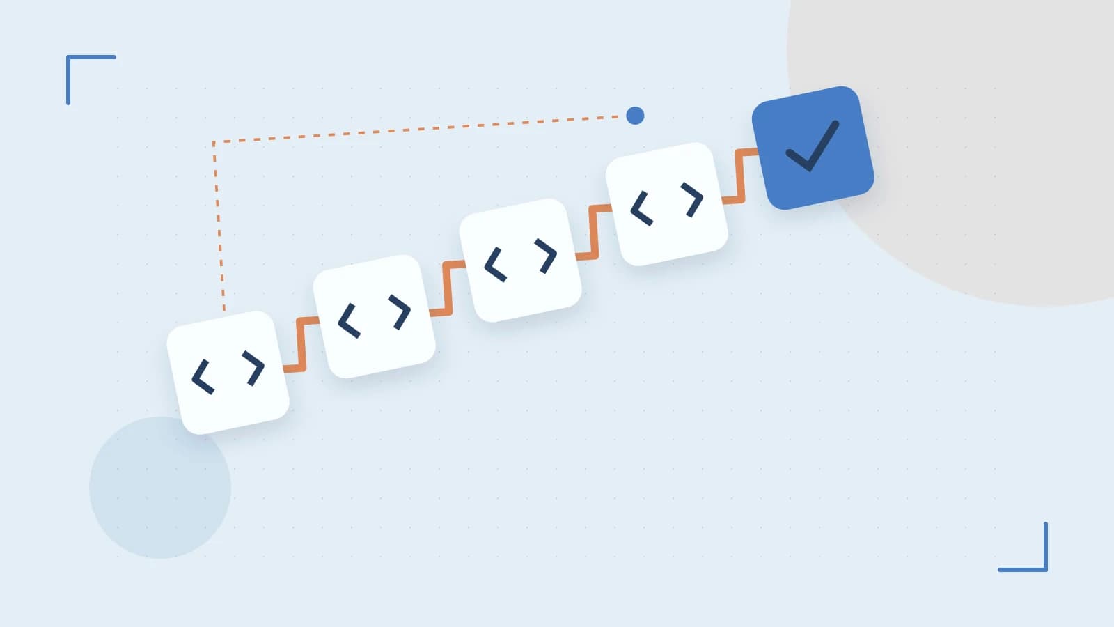 Editorial illustration of a branching build pipeline, staged transformations and a completed check