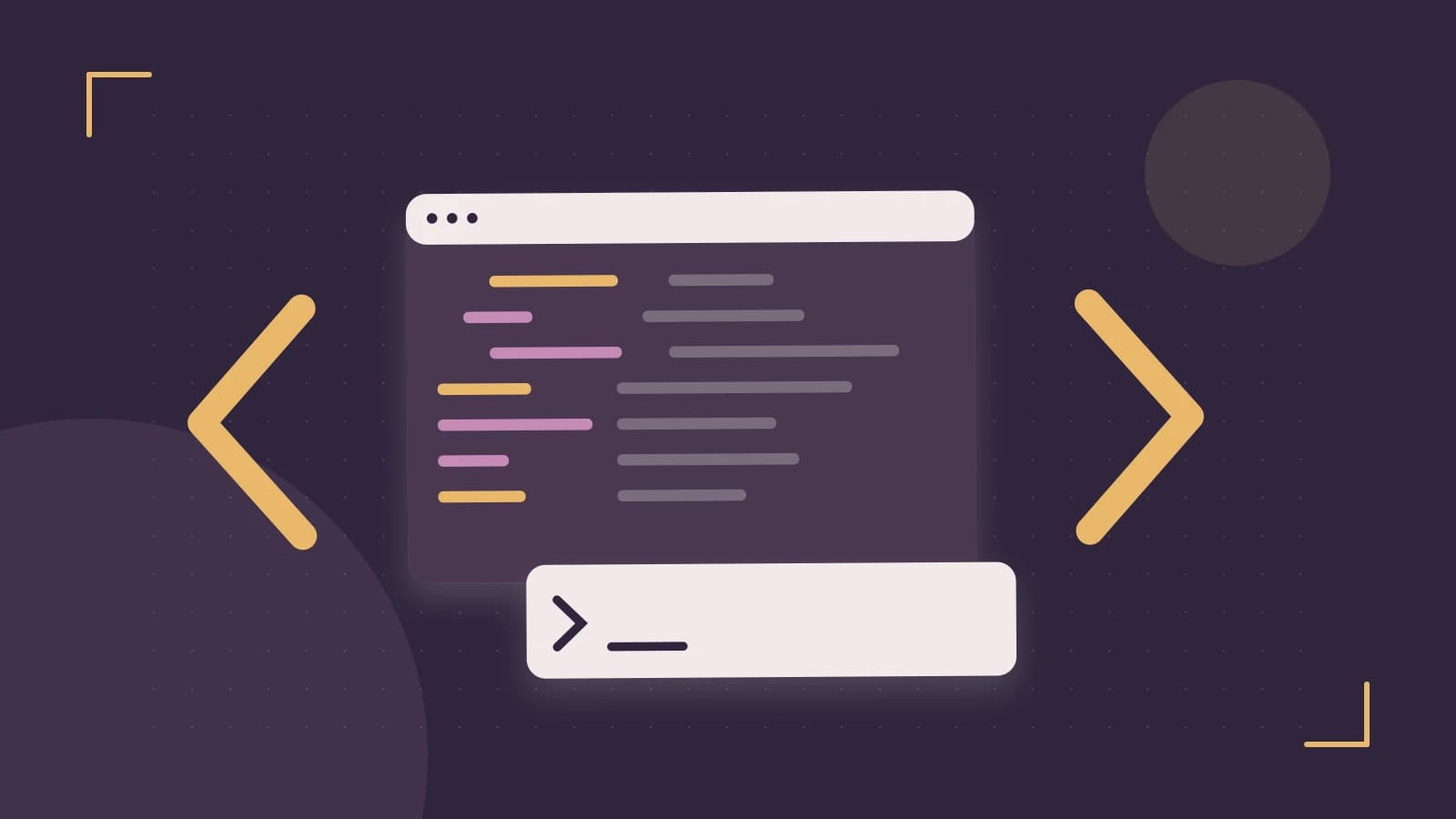 Editorial illustration of an abstract code editor, syntax blocks and oversized programming brackets