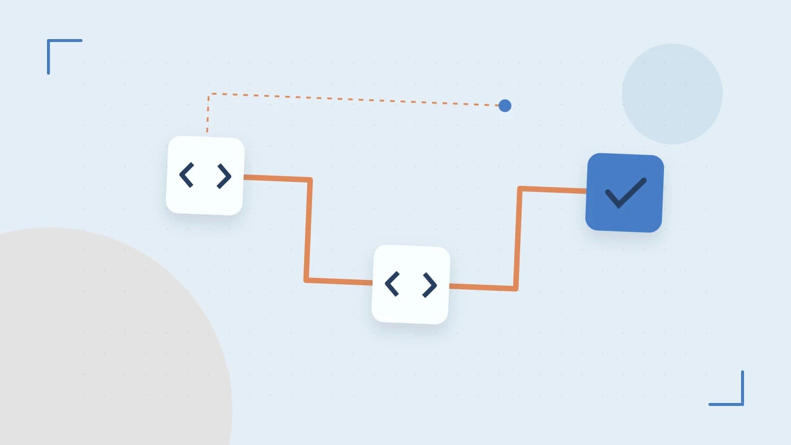 Editorial illustration of a branching build pipeline, staged transformations and a completed check
