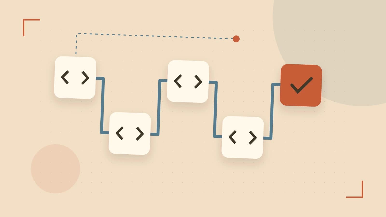 Editorial illustration of a branching build pipeline, staged transformations and a completed check