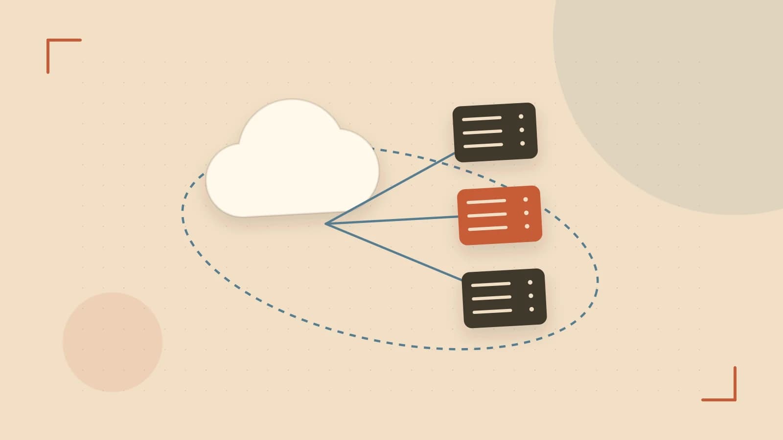 Editorial illustration of cloud infrastructure, connected server racks and an orbital service map
