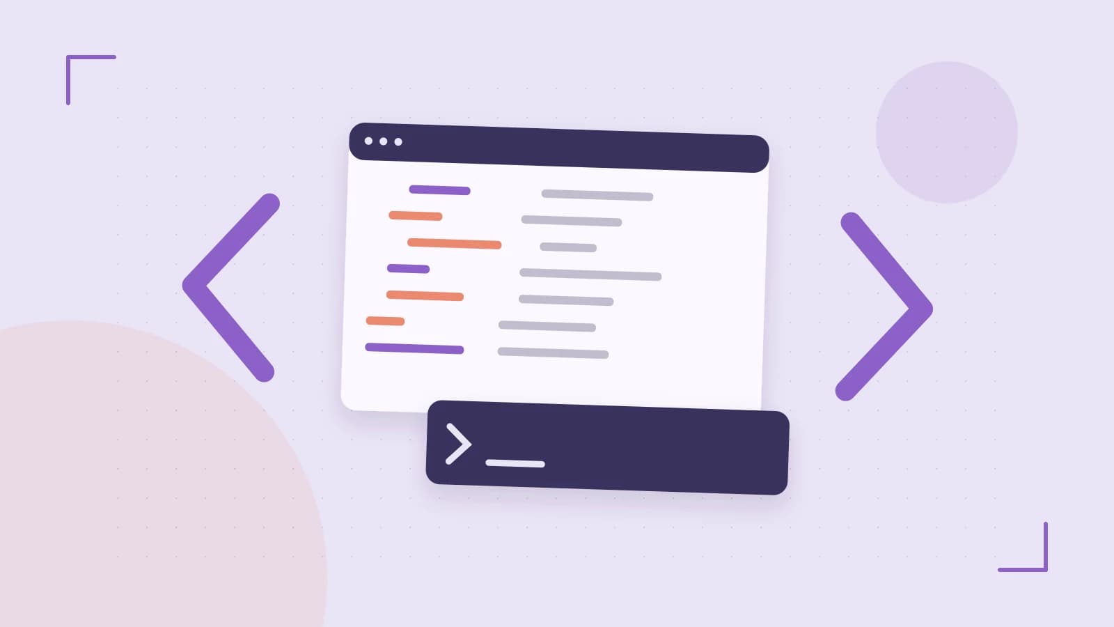 Editorial illustration of an abstract code editor, syntax blocks and oversized programming brackets