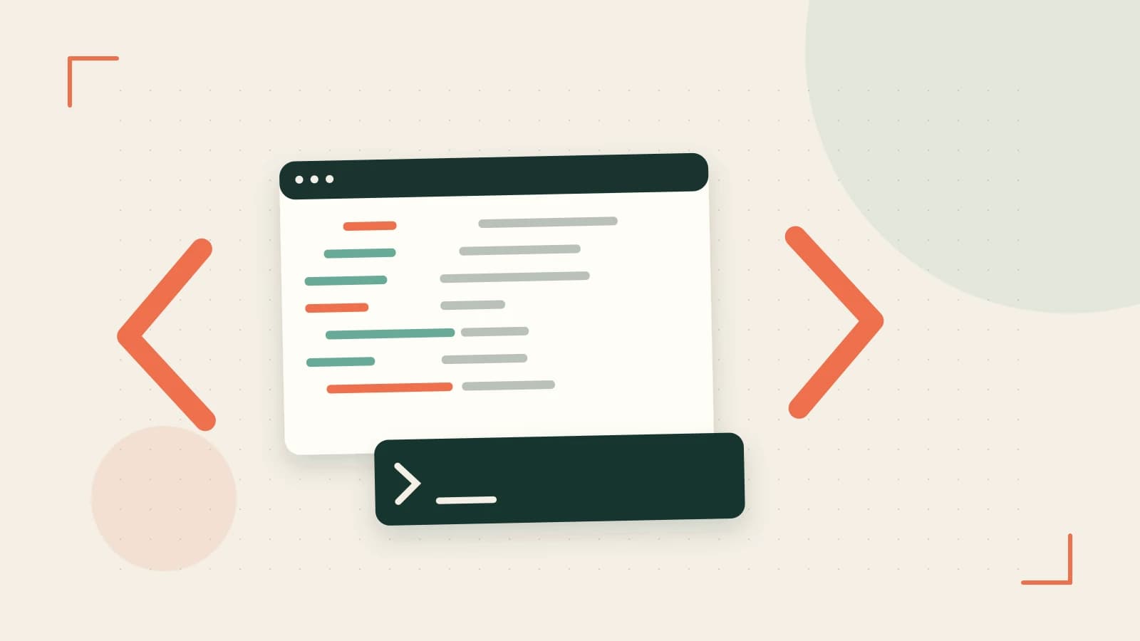 Editorial illustration of an abstract code editor, syntax blocks and oversized programming brackets