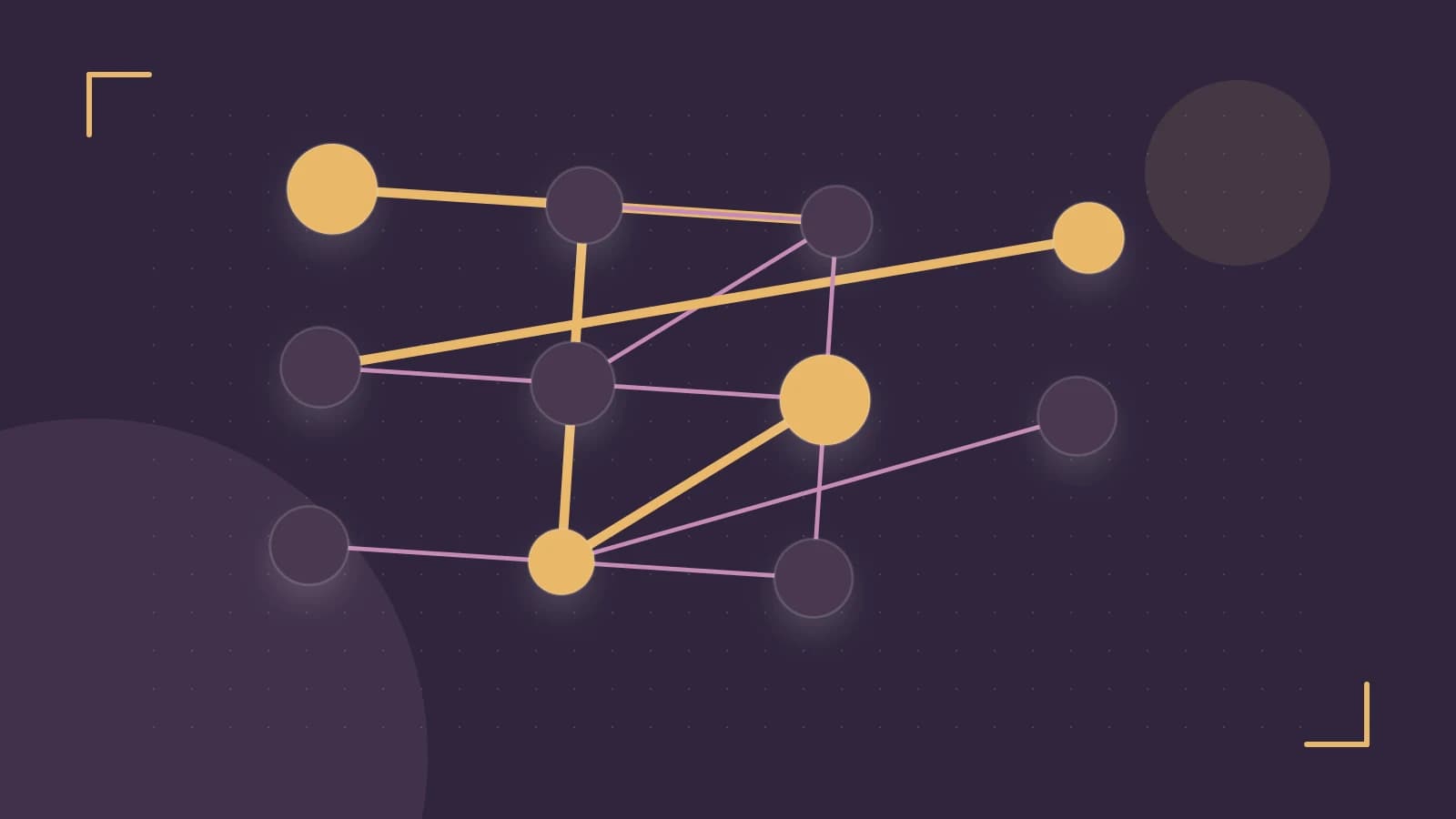 Editorial illustration of an algorithmic node graph with branching paths and a highlighted result