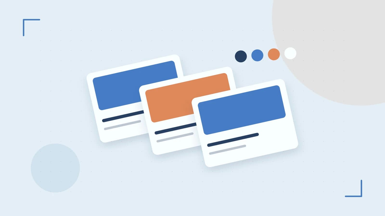 Editorial illustration of responsive browser layouts, overlapping design components and a color system