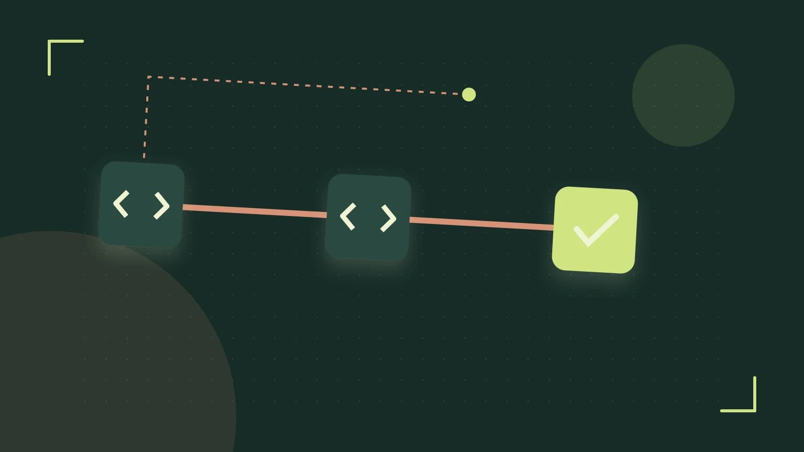 Editorial illustration of a branching build pipeline, staged transformations and a completed check