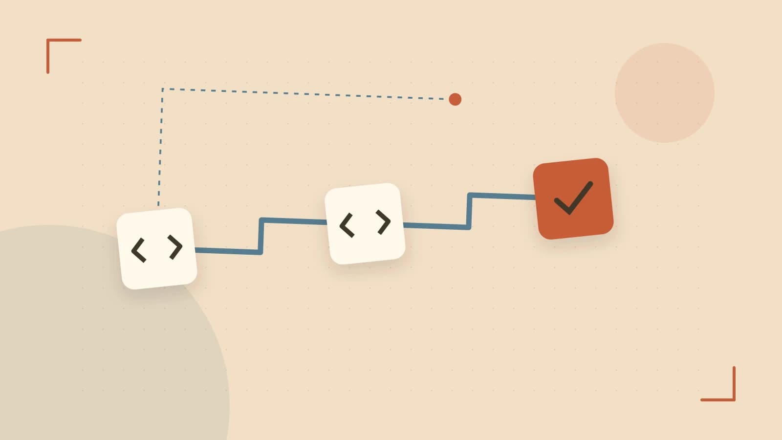 Editorial illustration of a branching build pipeline, staged transformations and a completed check