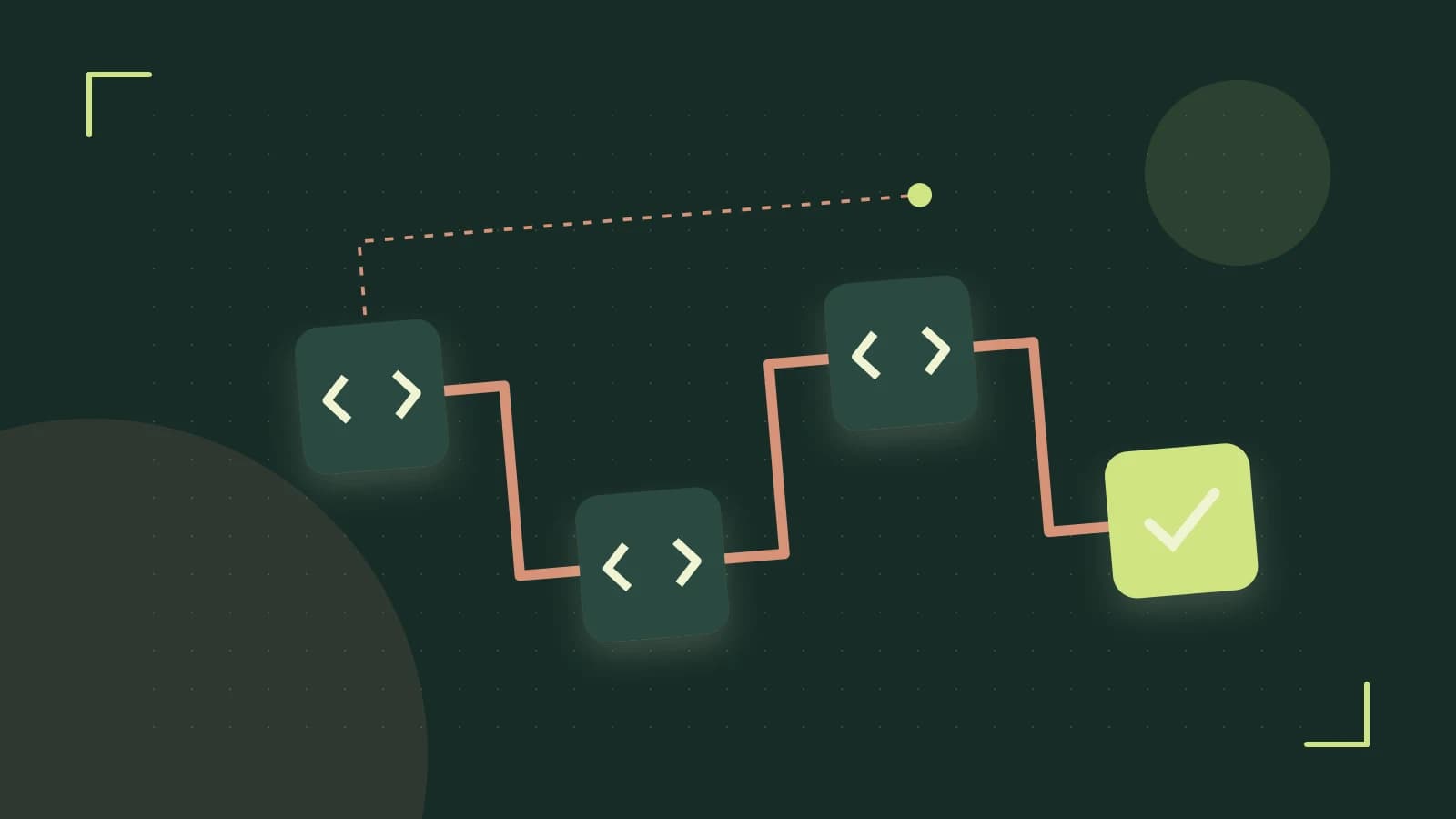 Editorial illustration of a branching build pipeline, staged transformations and a completed check