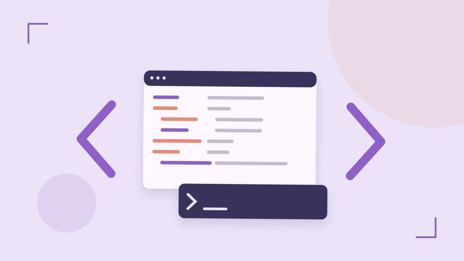 Editorial illustration of an abstract code editor, syntax blocks and oversized programming brackets
