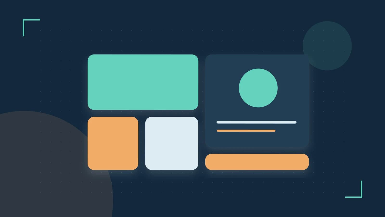 Editorial illustration of responsive browser layouts, overlapping design components and a color system