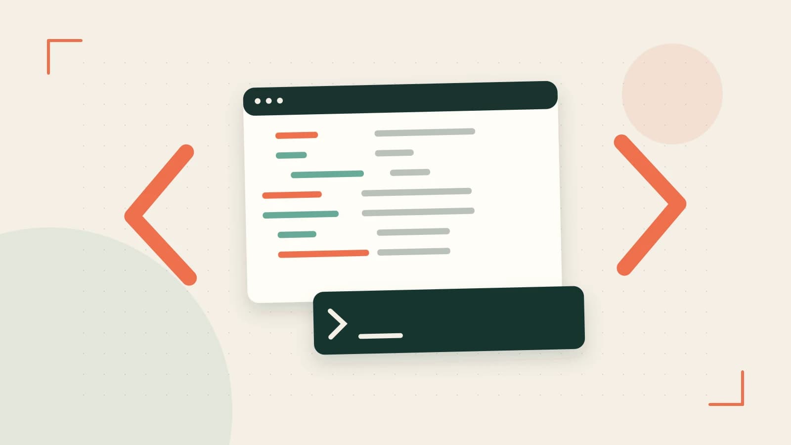 Editorial illustration of an abstract code editor, syntax blocks and oversized programming brackets