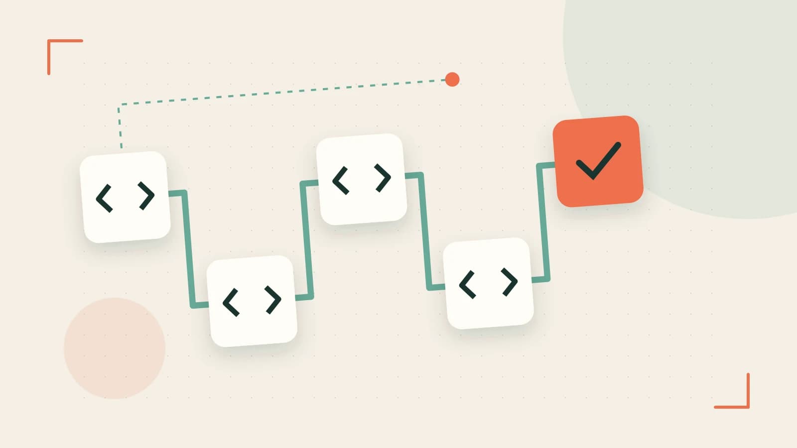 Editorial illustration of a branching build pipeline, staged transformations and a completed check