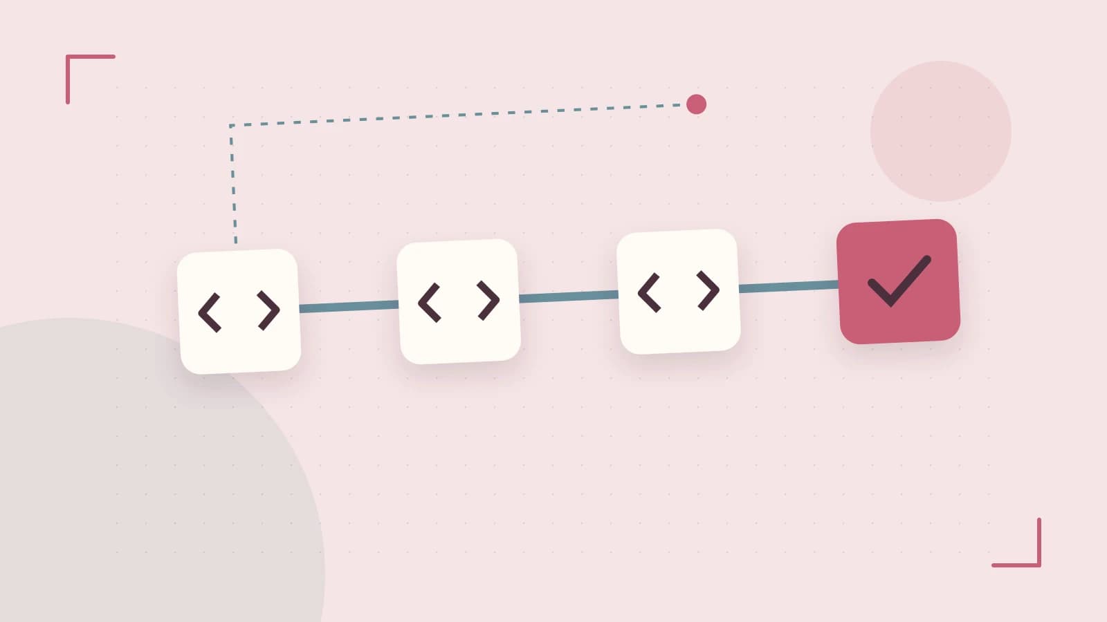 Editorial illustration of a branching build pipeline, staged transformations and a completed check