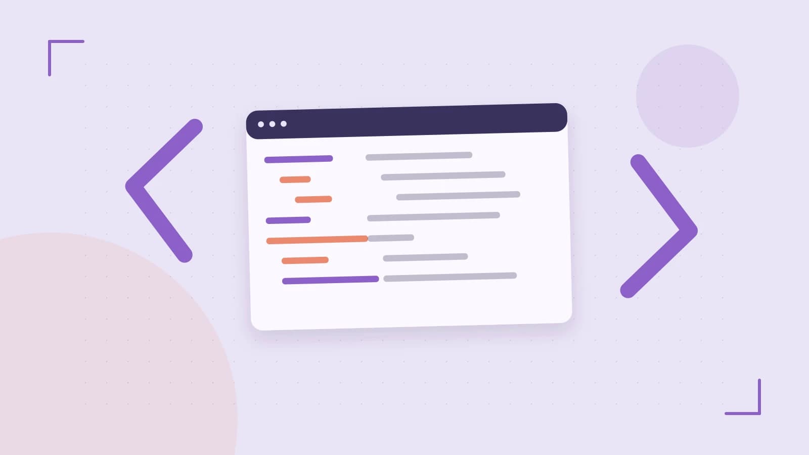 Editorial illustration of an abstract code editor, syntax blocks and oversized programming brackets