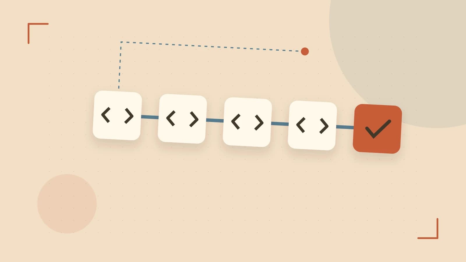 Editorial illustration of a branching build pipeline, staged transformations and a completed check
