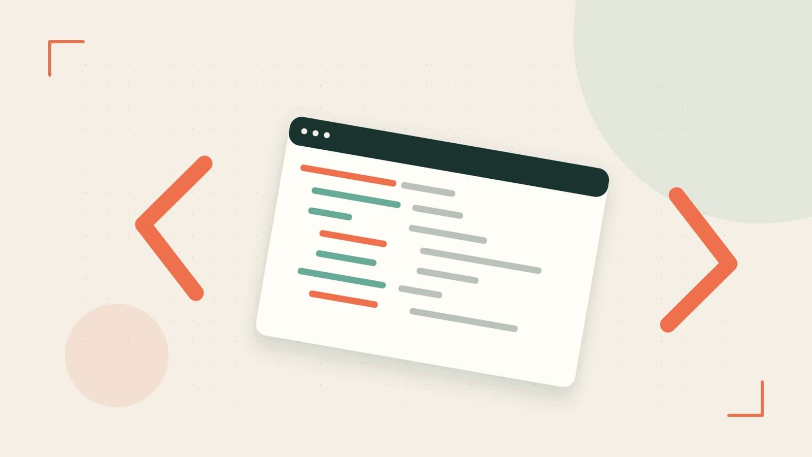 Editorial illustration of an abstract code editor, syntax blocks and oversized programming brackets