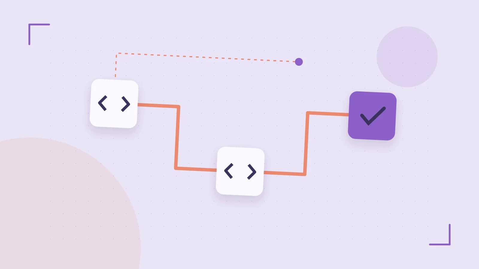 Editorial illustration of a branching build pipeline, staged transformations and a completed check