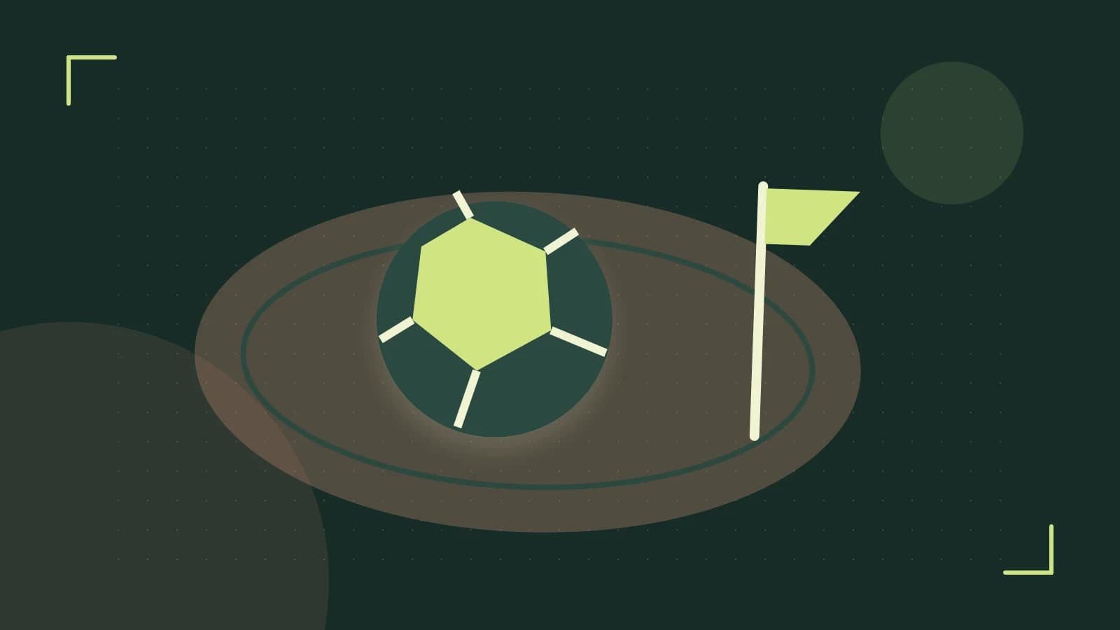 Editorial illustration of a stylized sports ball, stadium geometry and dynamic arcs