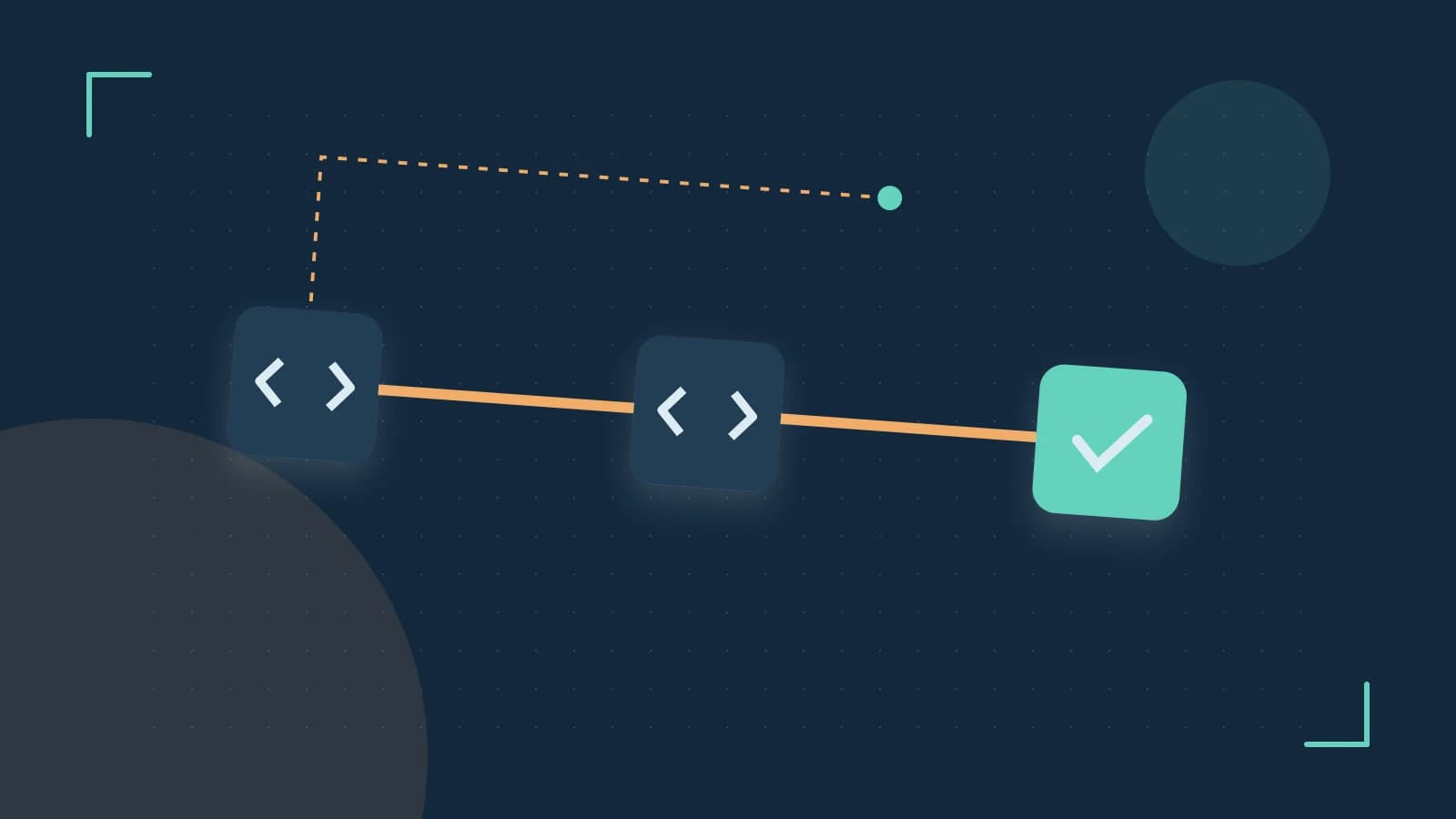 Editorial illustration of a branching build pipeline, staged transformations and a completed check