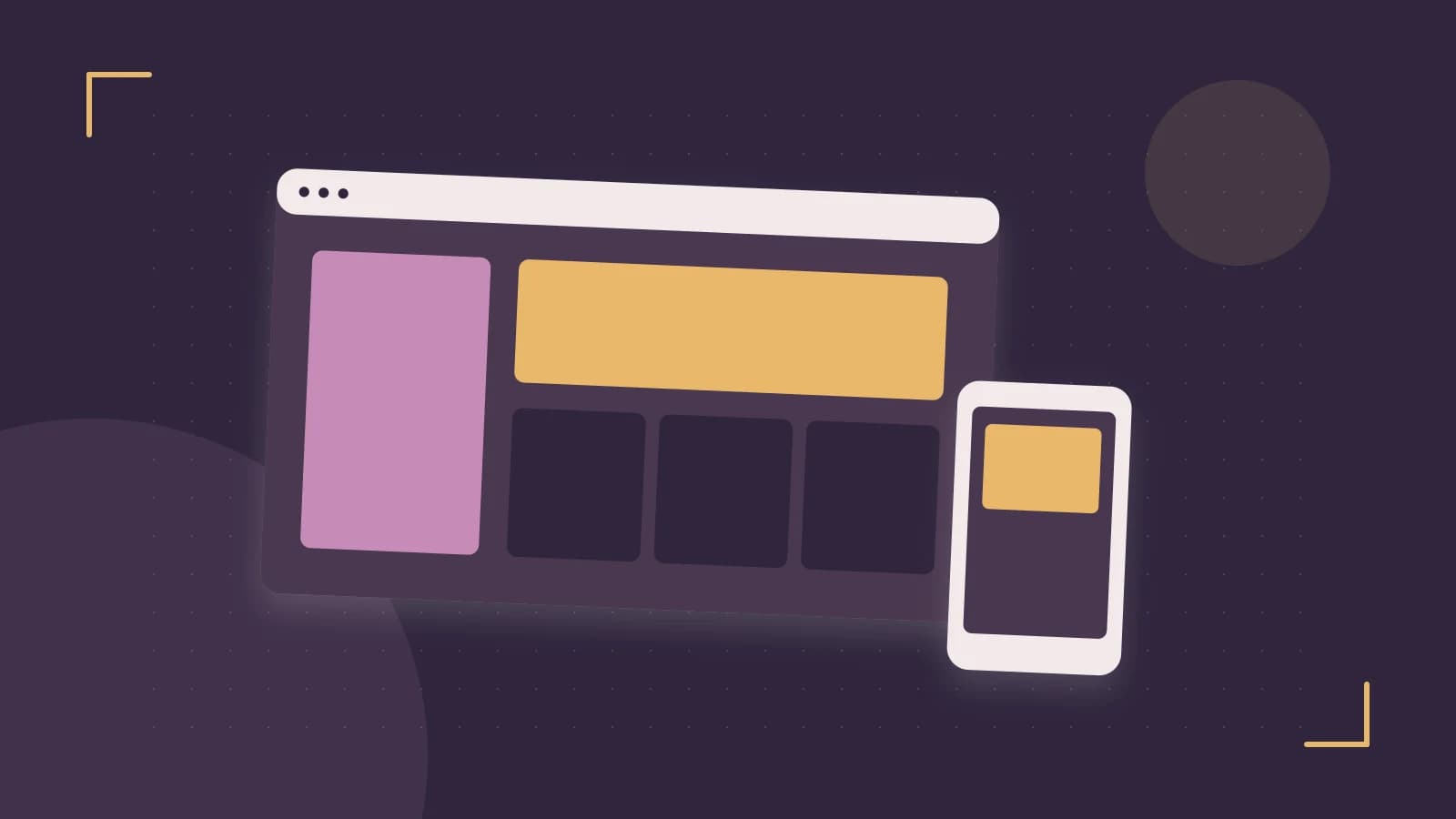 Editorial illustration of responsive browser layouts, overlapping design components and a color system