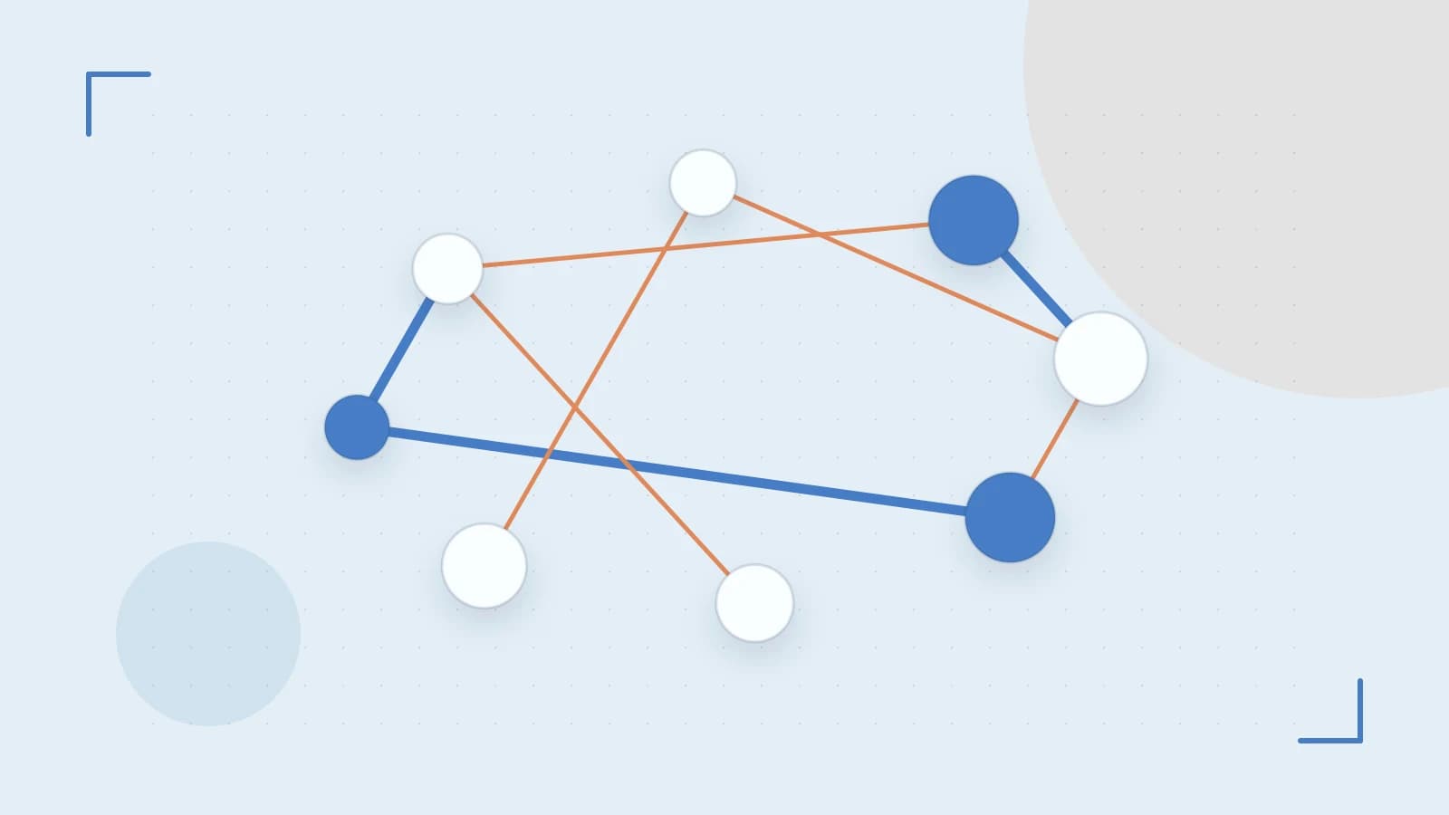 Editorial illustration of an algorithmic node graph with branching paths and a highlighted result