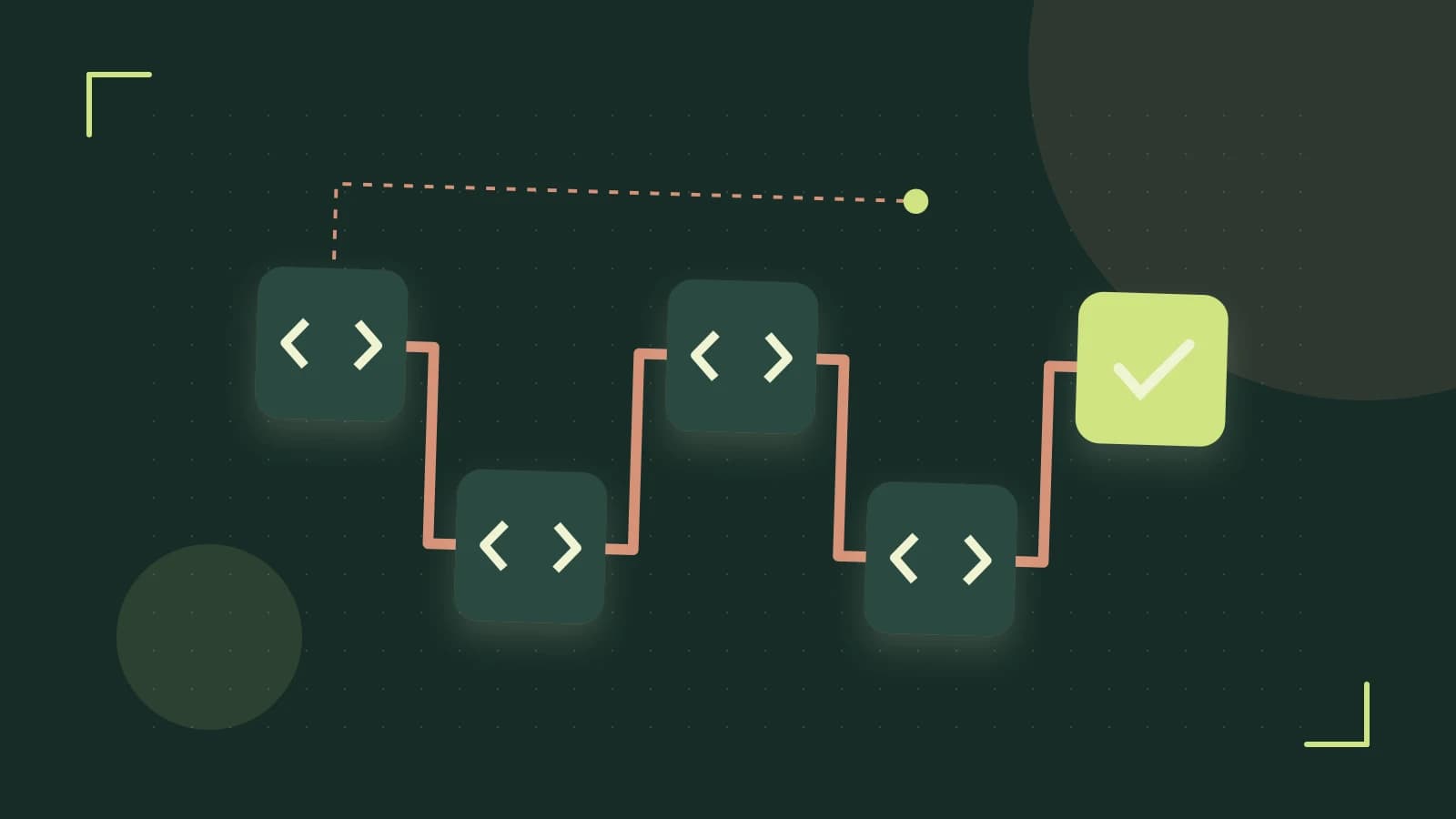 Editorial illustration of a branching build pipeline, staged transformations and a completed check