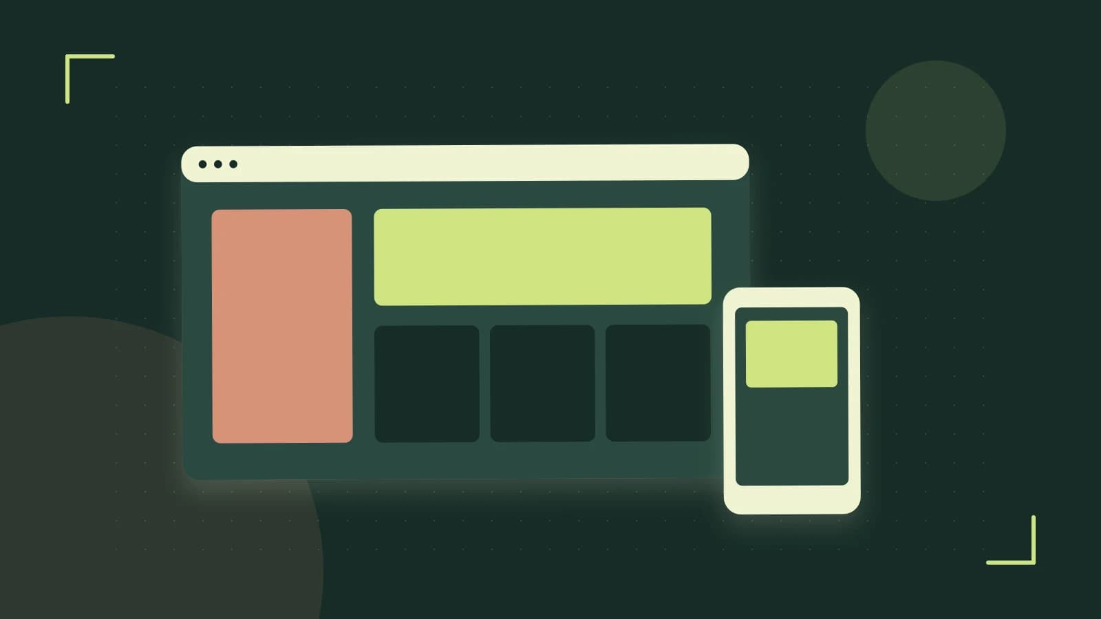 Editorial illustration of responsive browser layouts, overlapping design components and a color system
