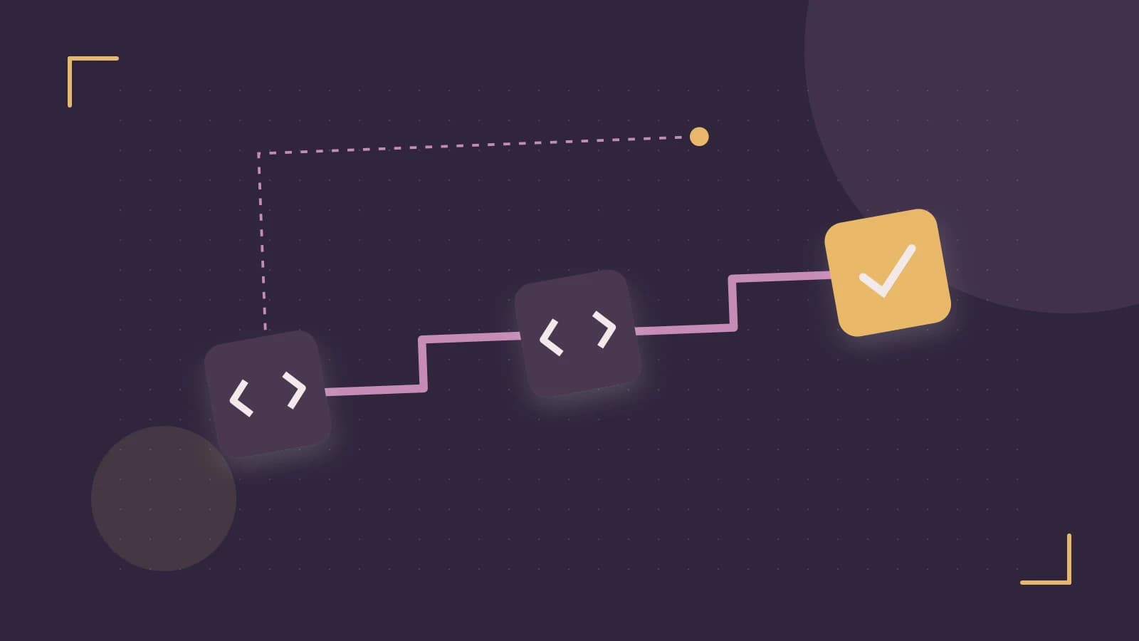 Editorial illustration of a branching build pipeline, staged transformations and a completed check