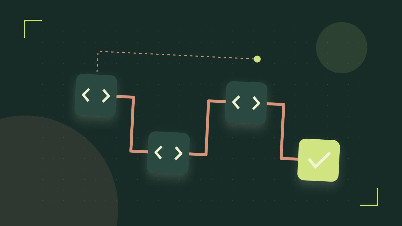 Editorial illustration of a branching build pipeline, staged transformations and a completed check