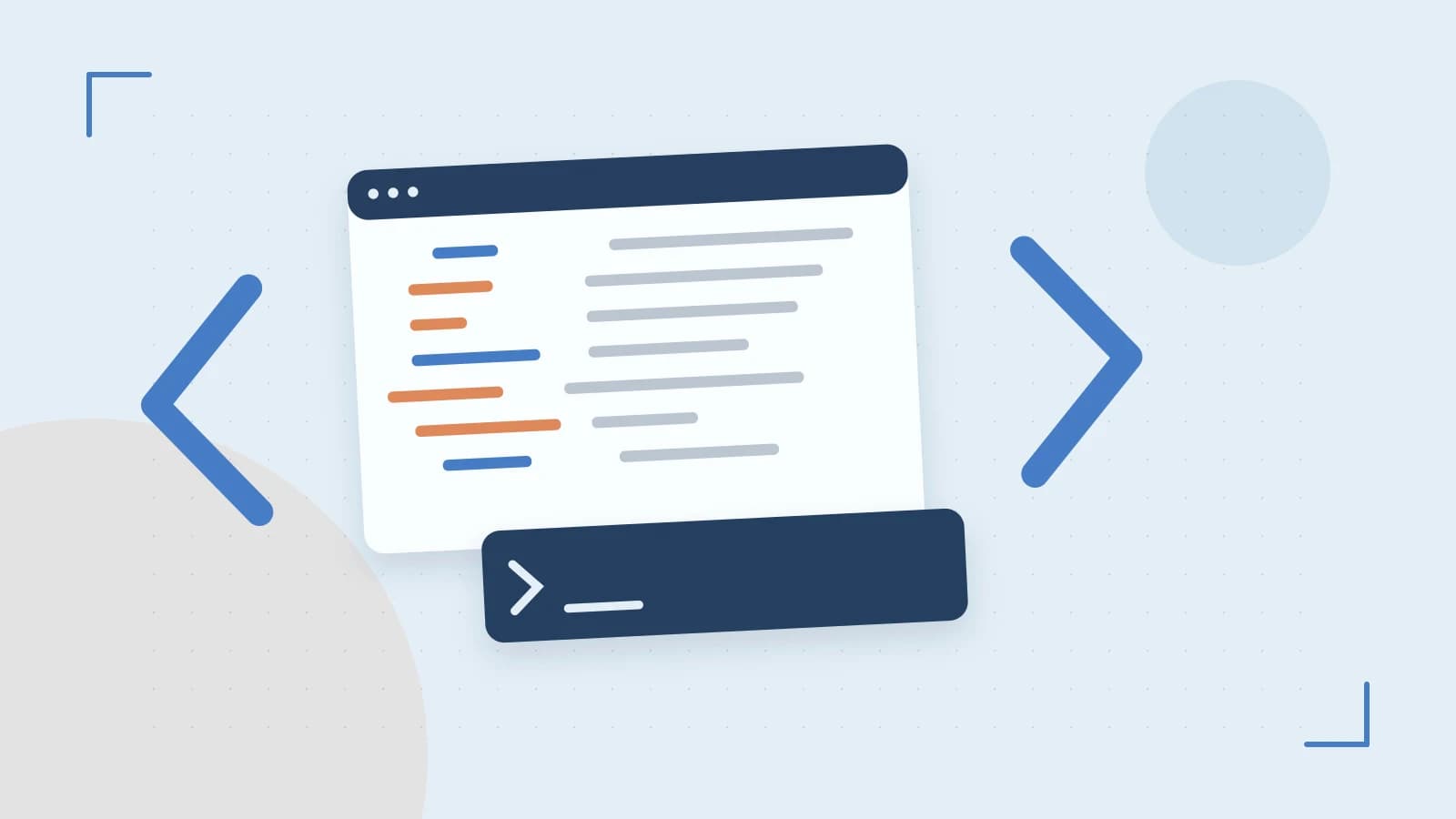 Editorial illustration of an abstract code editor, syntax blocks and oversized programming brackets