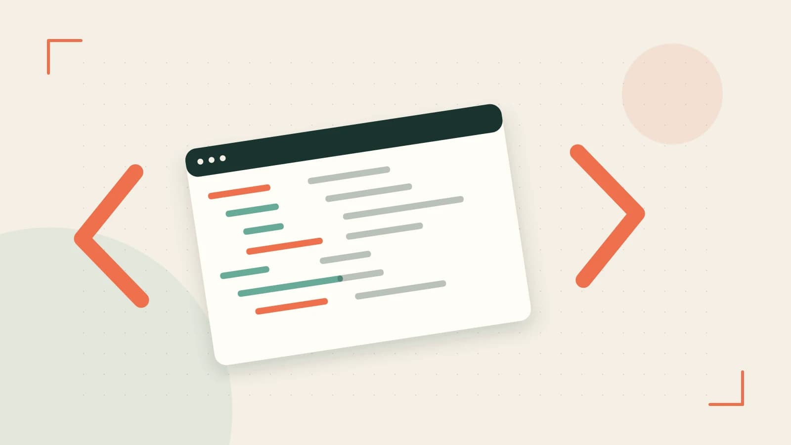 Editorial illustration of an abstract code editor, syntax blocks and oversized programming brackets