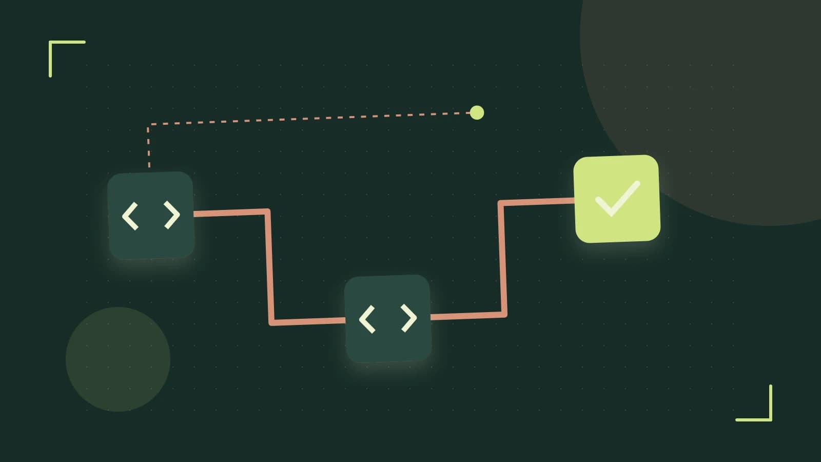 Editorial illustration of a branching build pipeline, staged transformations and a completed check
