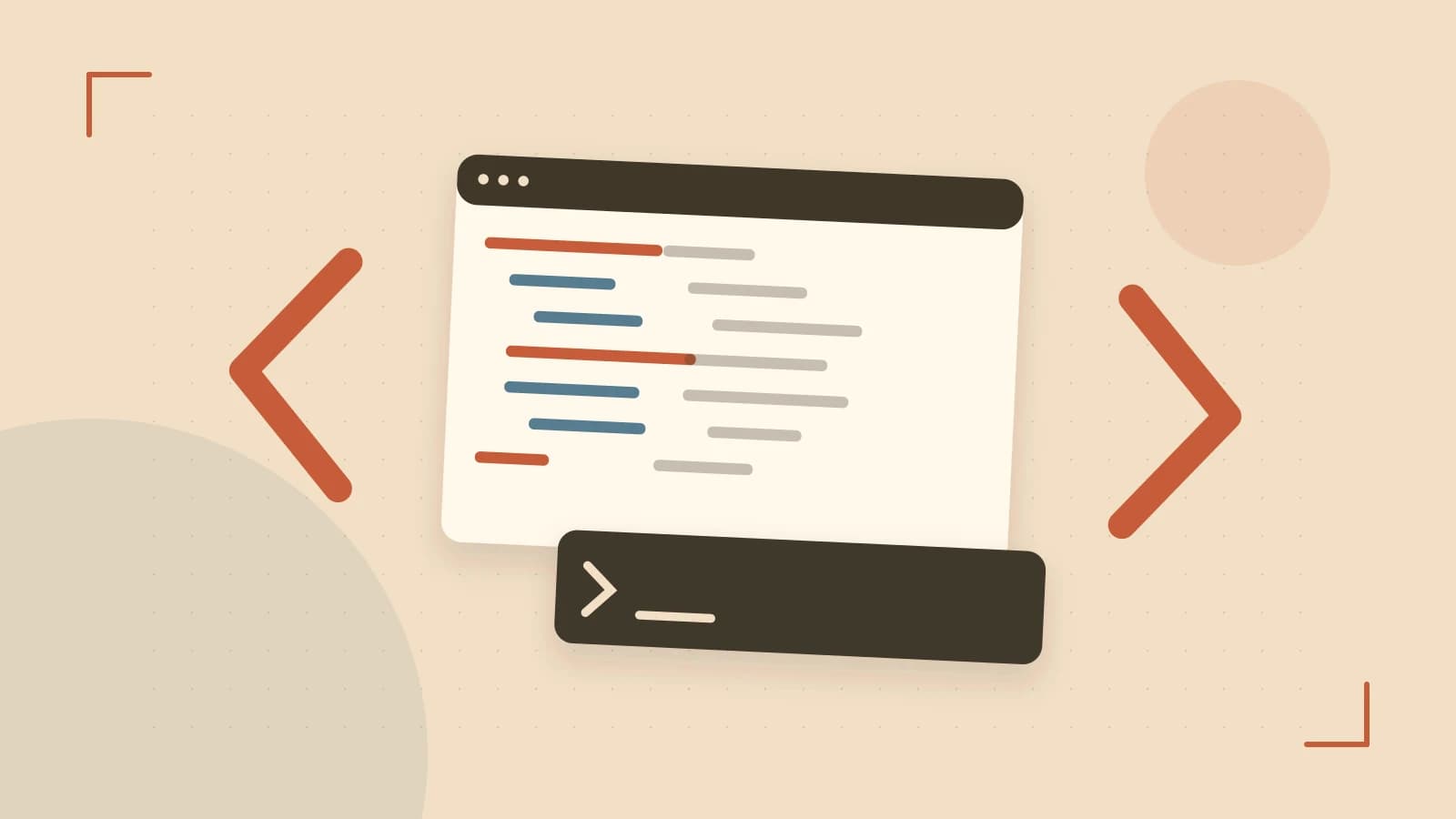 Editorial illustration of an abstract code editor, syntax blocks and oversized programming brackets