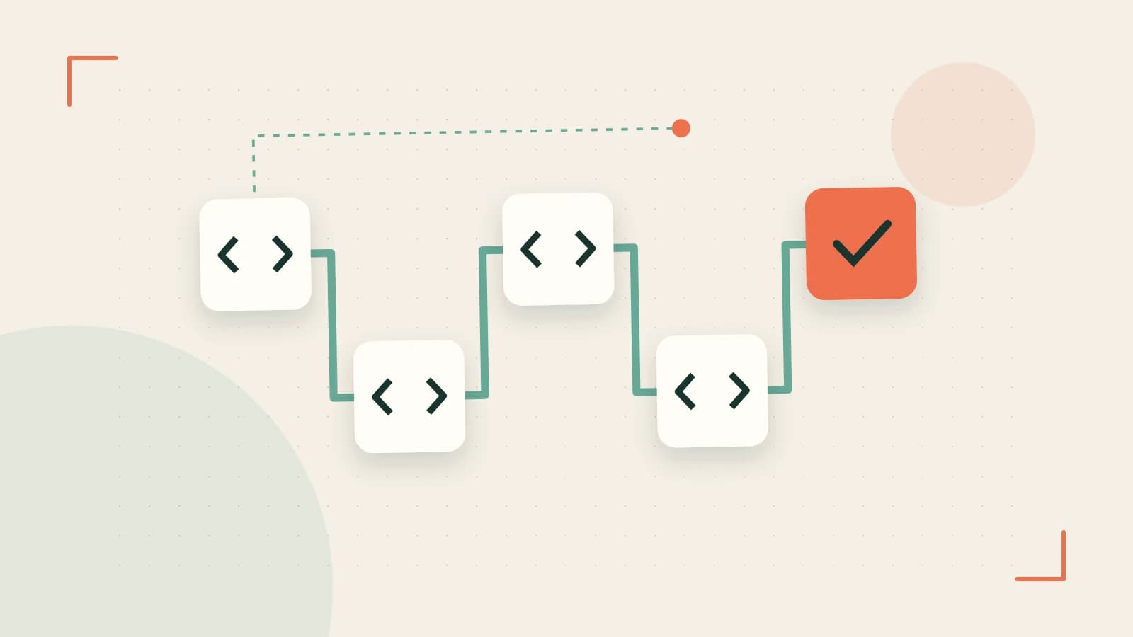 Editorial illustration of a branching build pipeline, staged transformations and a completed check