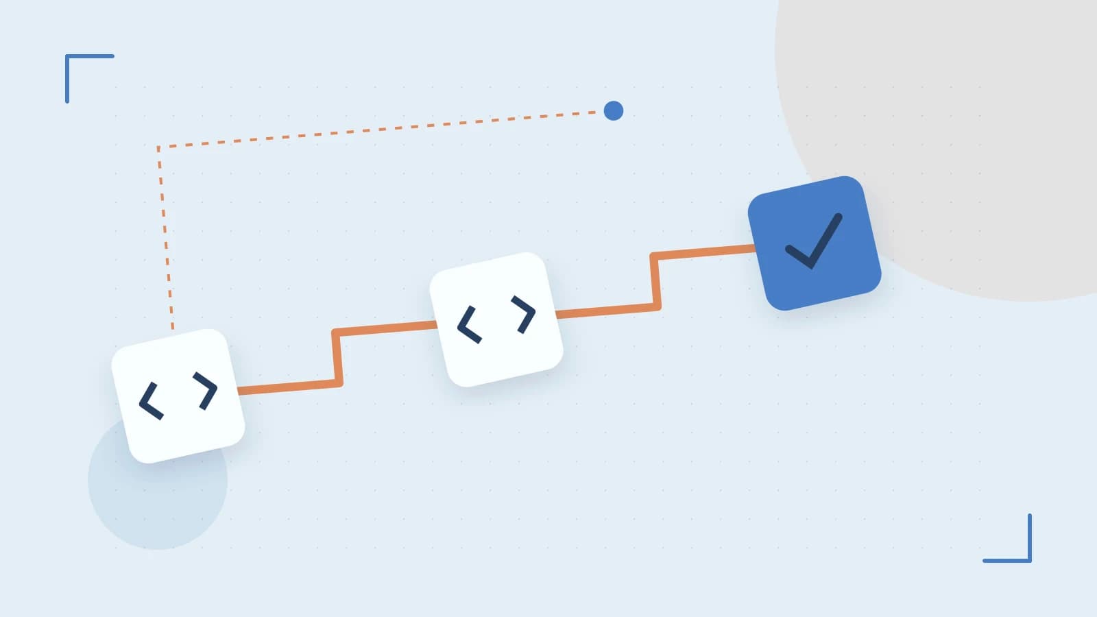 Editorial illustration of a branching build pipeline, staged transformations and a completed check