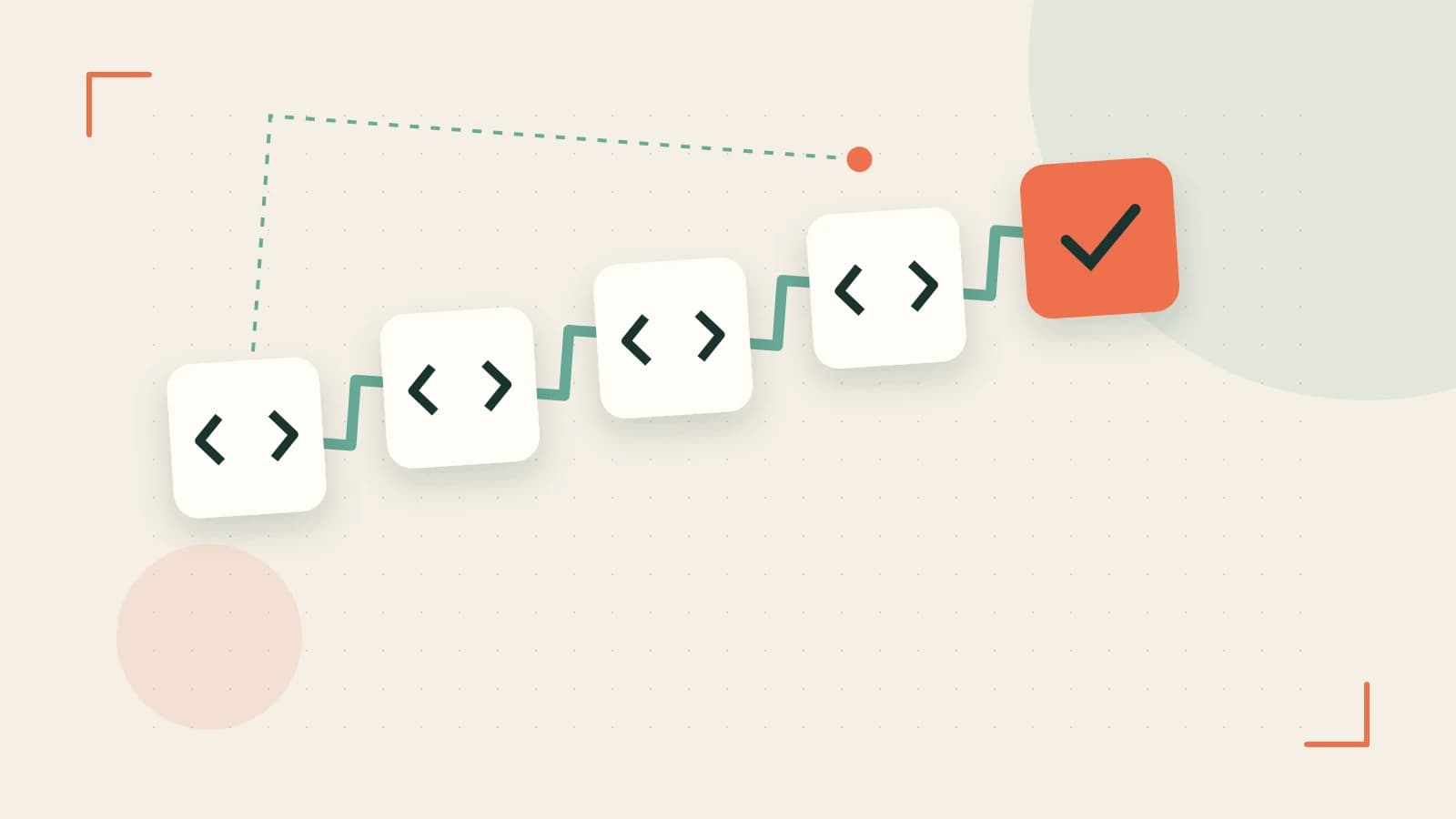 Editorial illustration of a branching build pipeline, staged transformations and a completed check