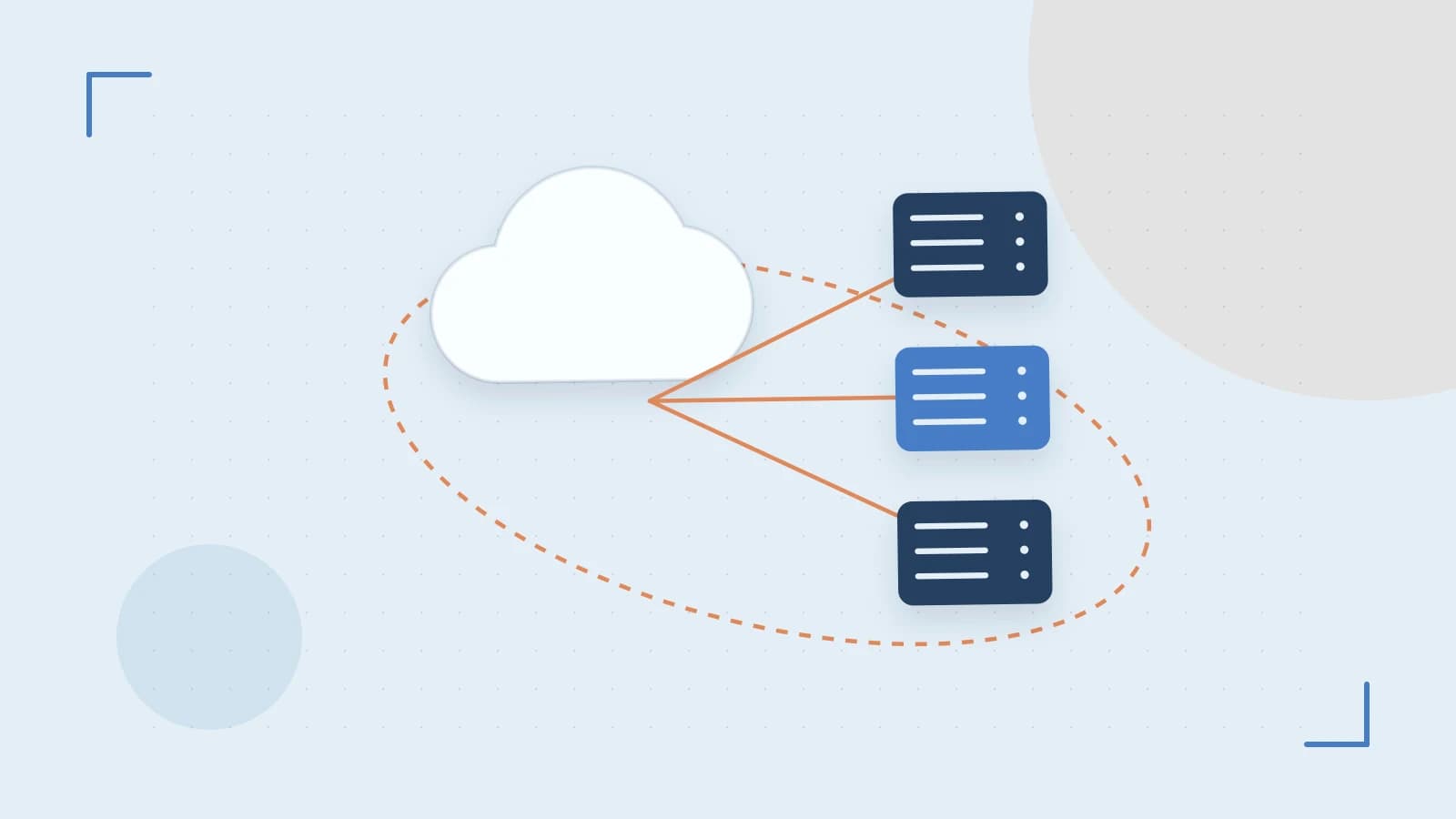 Editorial illustration of cloud infrastructure, connected server racks and an orbital service map