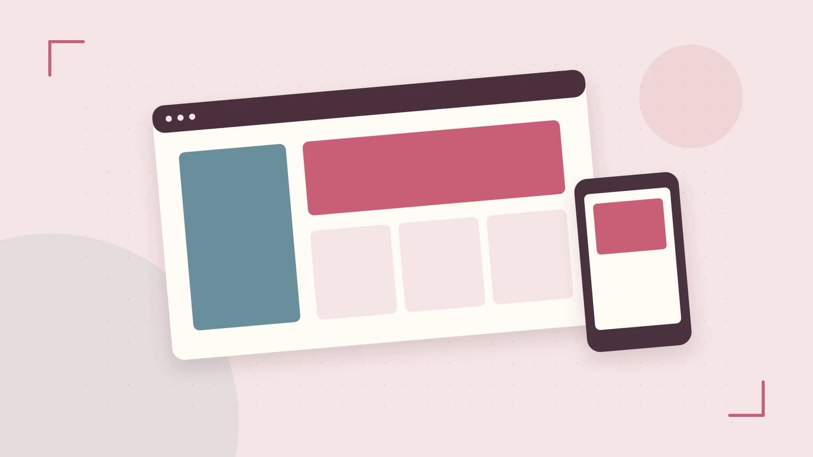 Editorial illustration of responsive browser layouts, overlapping design components and a color system