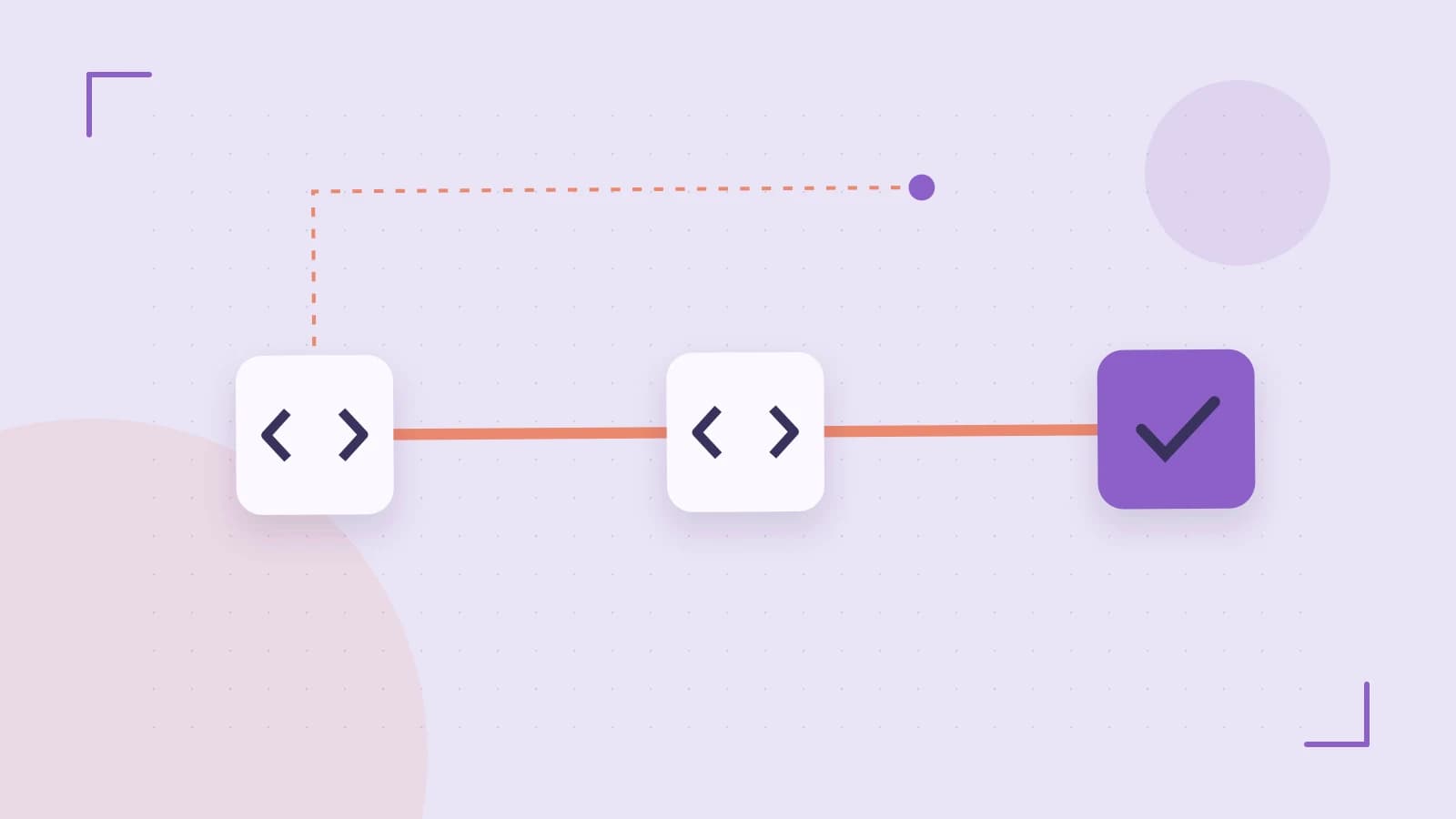 Editorial illustration of a branching build pipeline, staged transformations and a completed check