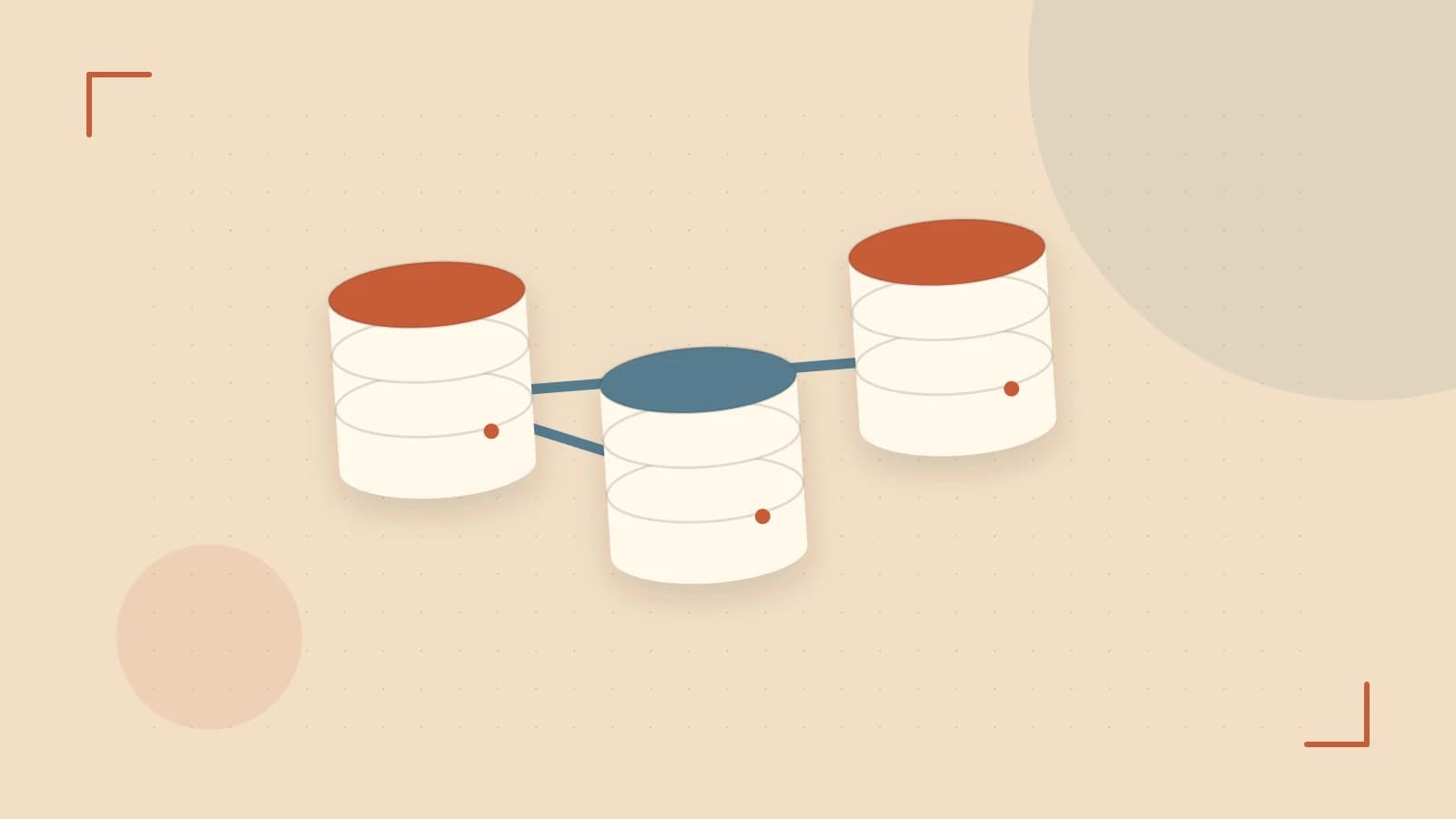 Editorial illustration of structured records, database cylinders and relationships between tables