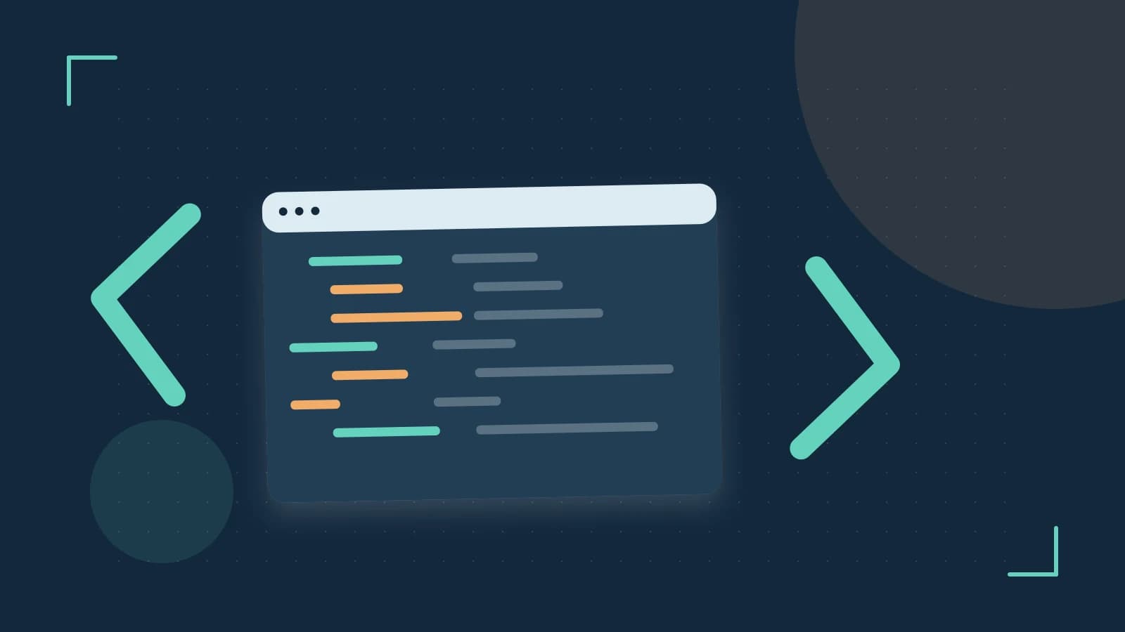 Editorial illustration of an abstract code editor, syntax blocks and oversized programming brackets