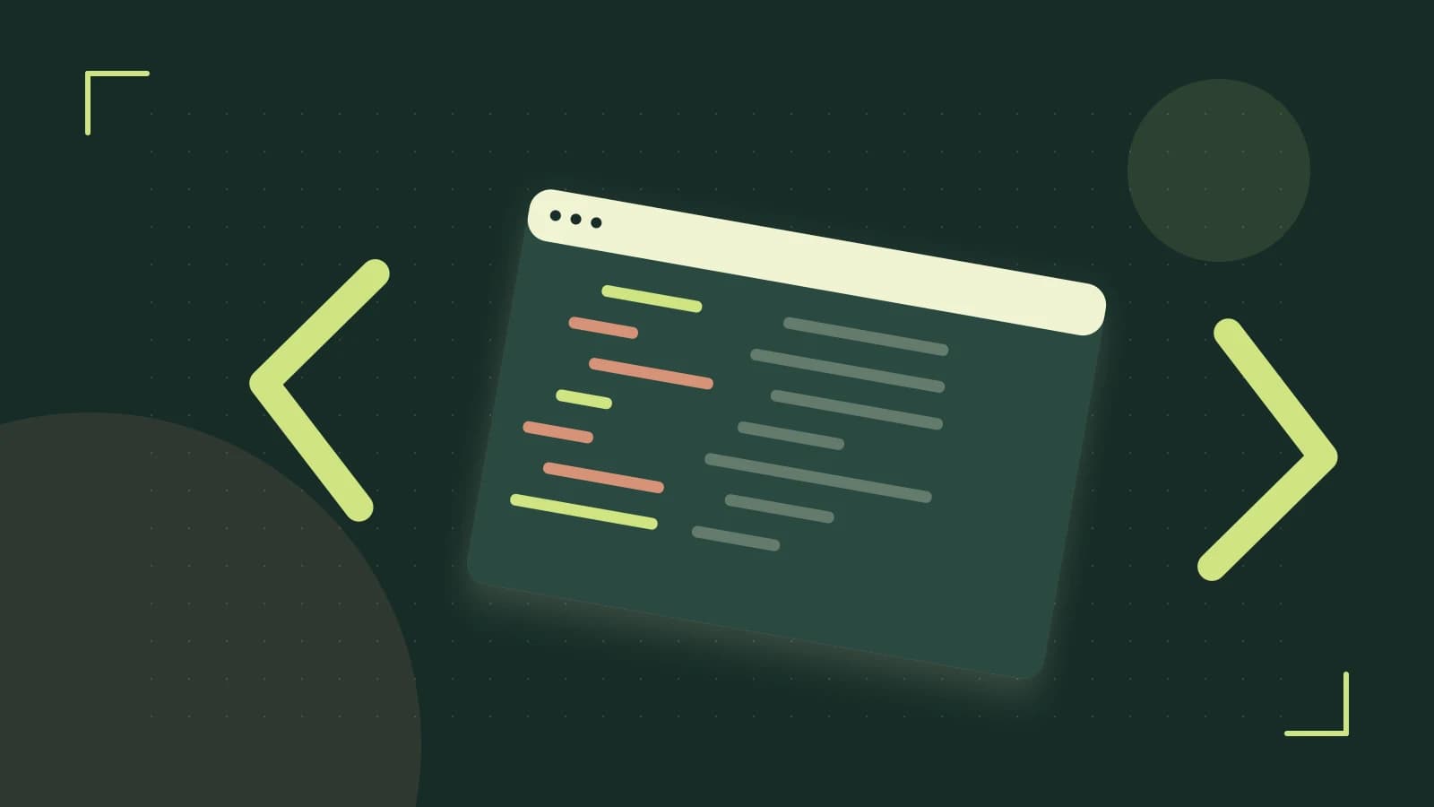 Editorial illustration of an abstract code editor, syntax blocks and oversized programming brackets