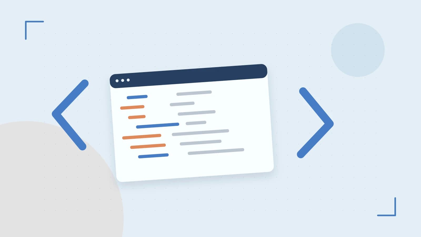 Editorial illustration of an abstract code editor, syntax blocks and oversized programming brackets