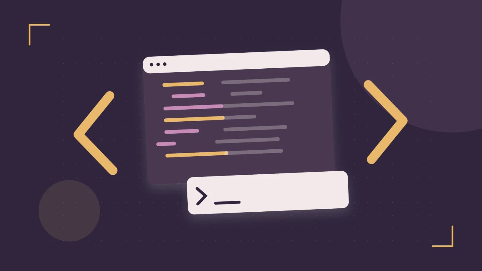 Editorial illustration of an abstract code editor, syntax blocks and oversized programming brackets