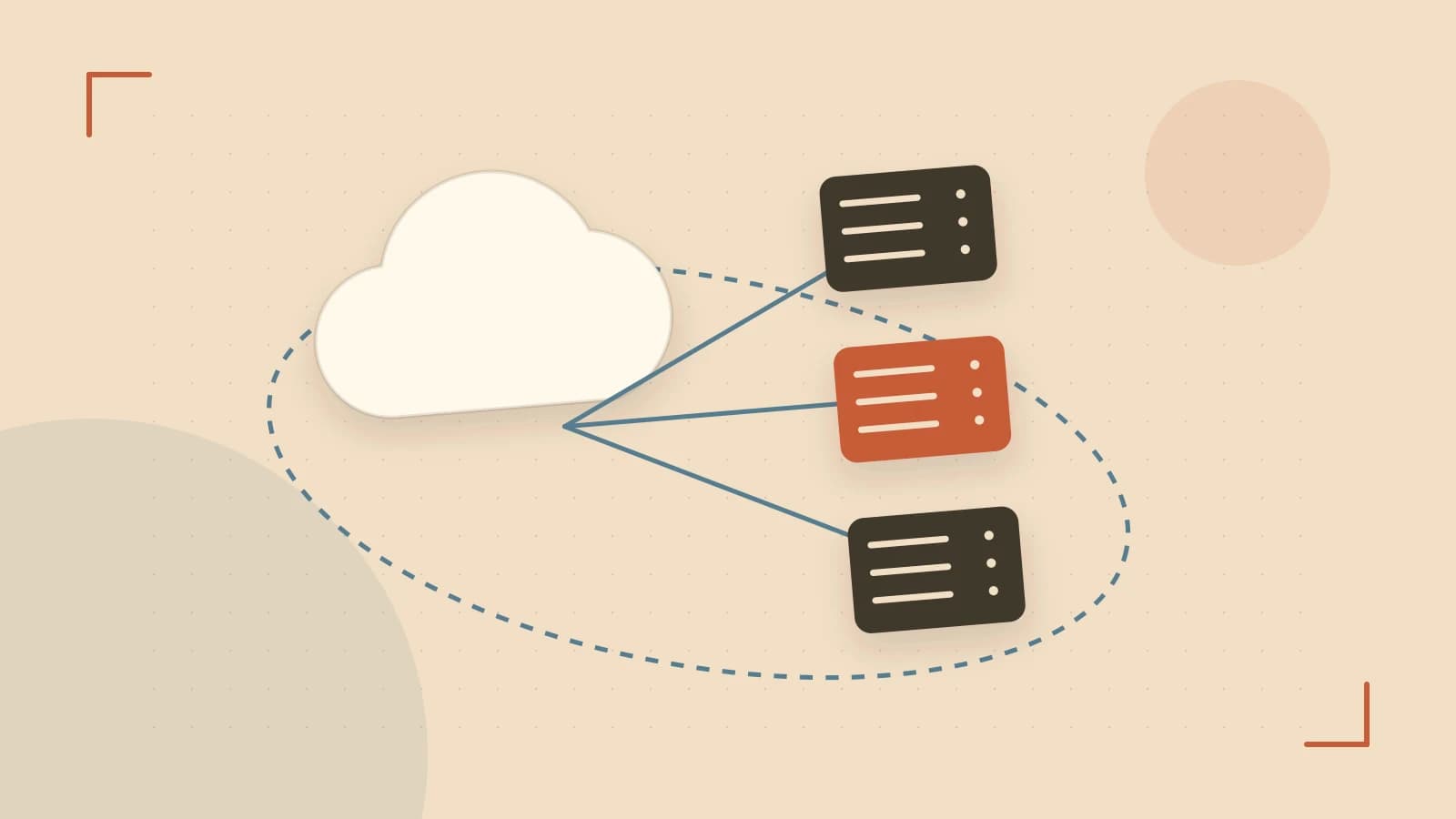 Editorial illustration of cloud infrastructure, connected server racks and an orbital service map