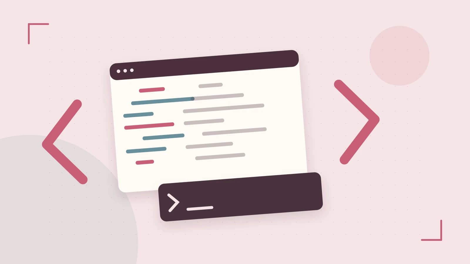 Editorial illustration of an abstract code editor, syntax blocks and oversized programming brackets