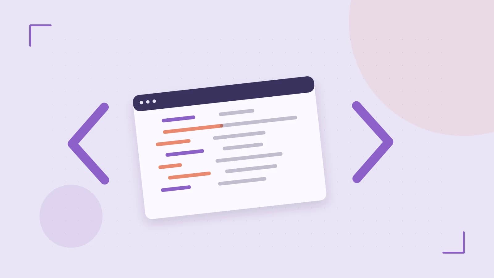 Editorial illustration of an abstract code editor, syntax blocks and oversized programming brackets