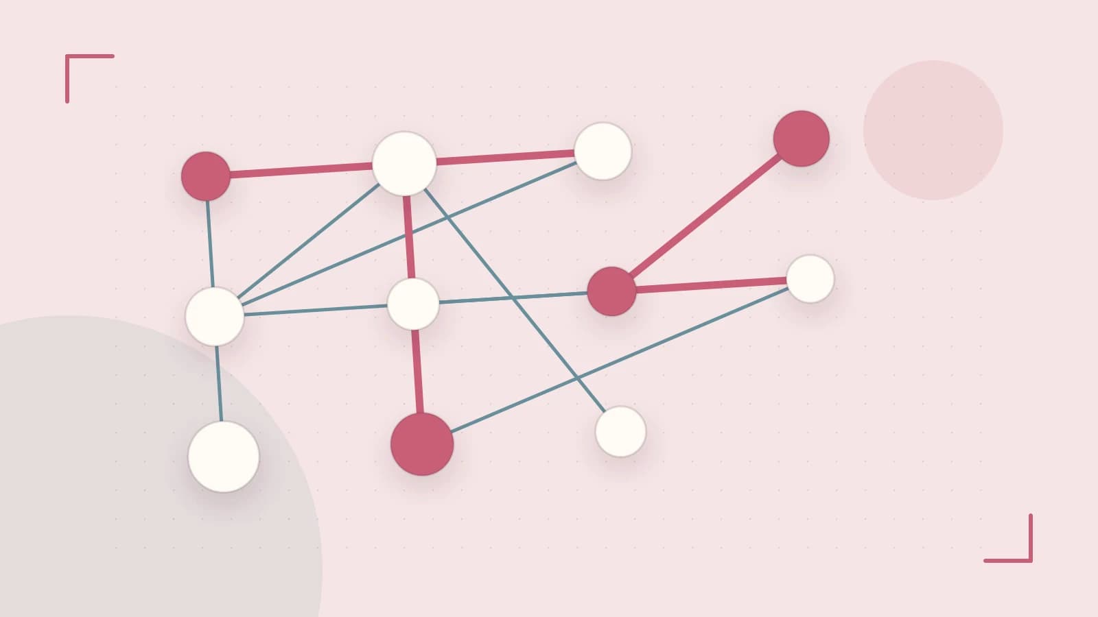 Editorial illustration of an algorithmic node graph with branching paths and a highlighted result