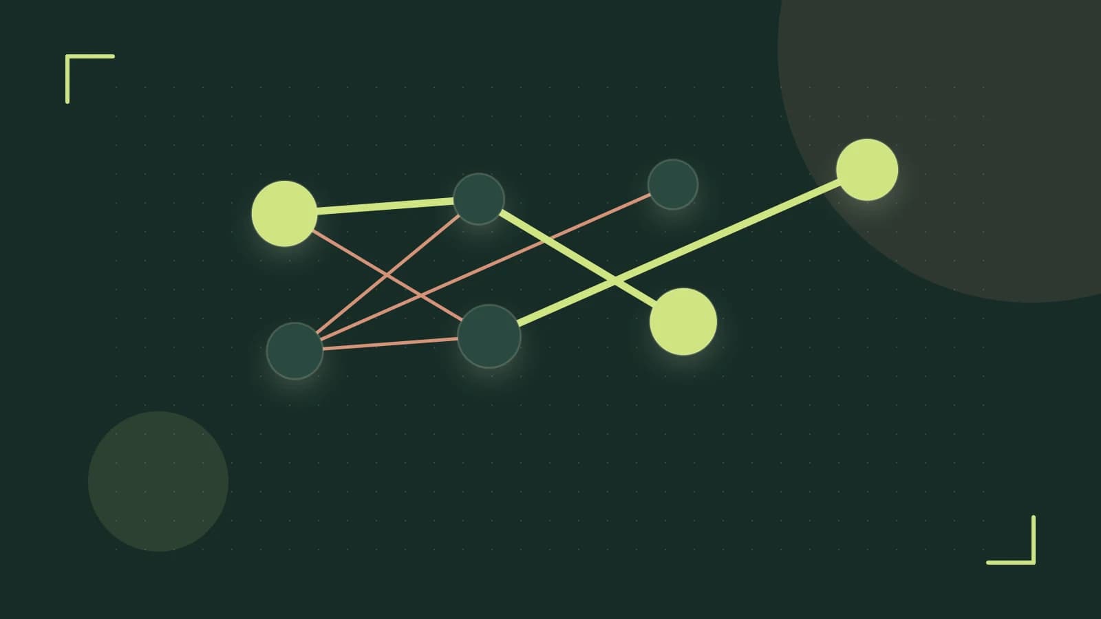 Editorial illustration of an algorithmic node graph with branching paths and a highlighted result